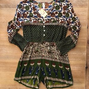 RAGA | Bohemian Mixed Paisley Print Henley Romper Green Brown Mix, Small NWT